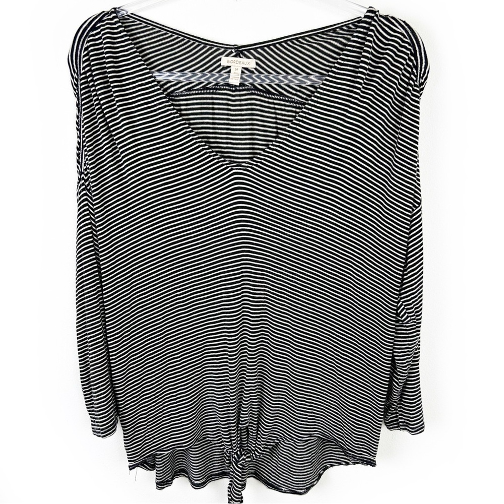 Bordeaux striped long sleeve jersey knit v-neck blouse top size: S